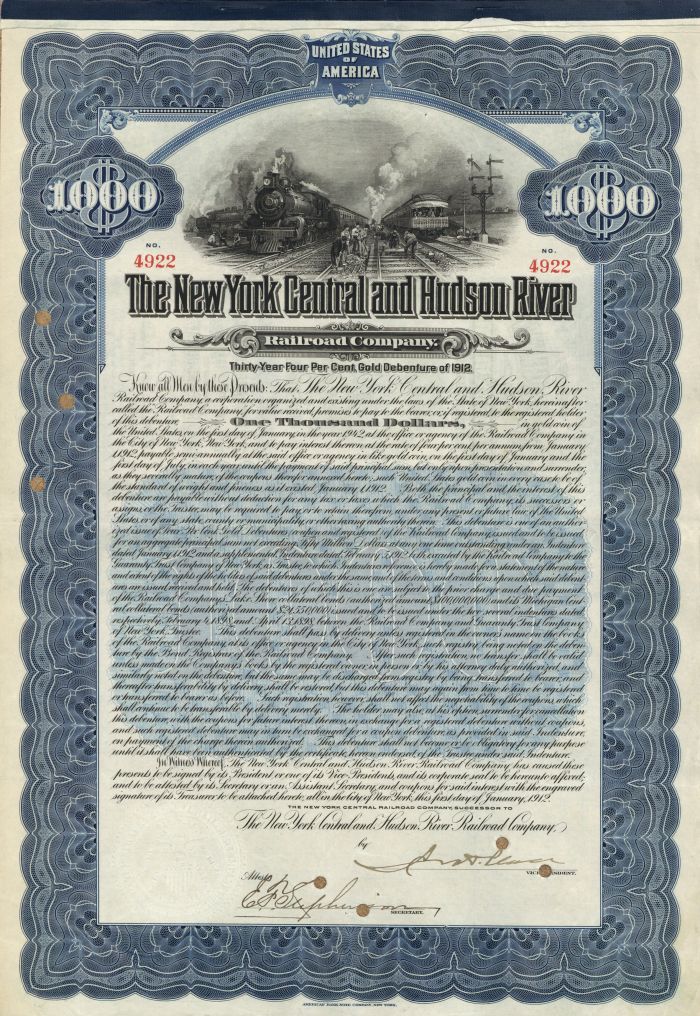 New York Central and Hudson Railroad Co.  -  $1,000 Bond