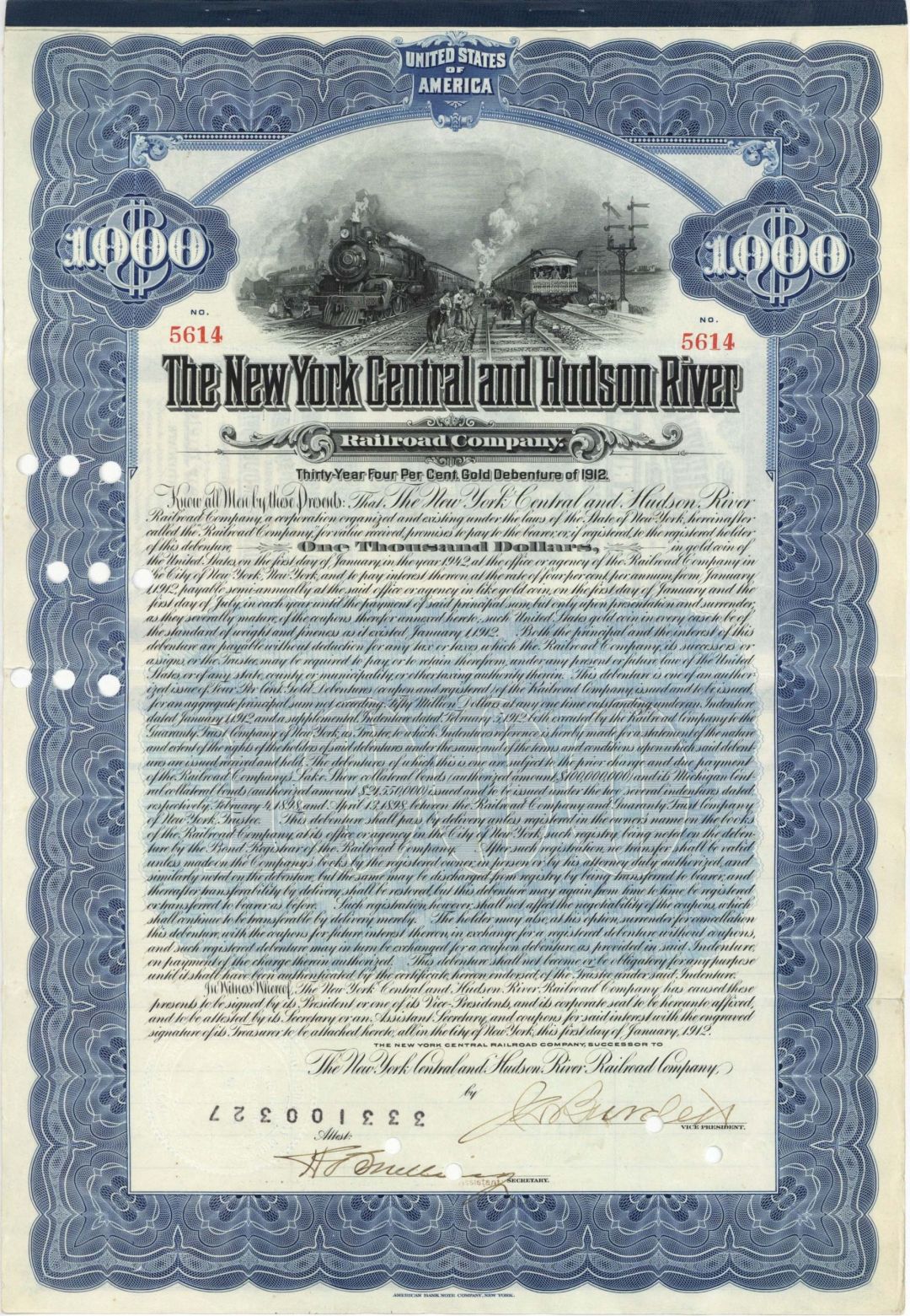 New York Central and Hudson River Railroad Co.  -  $1,000 1912 dated Bond