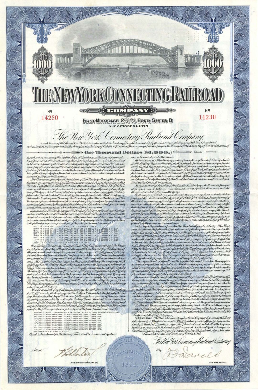 New York Connecting Railroad Co.  -  1945 dated $1,000 Bond