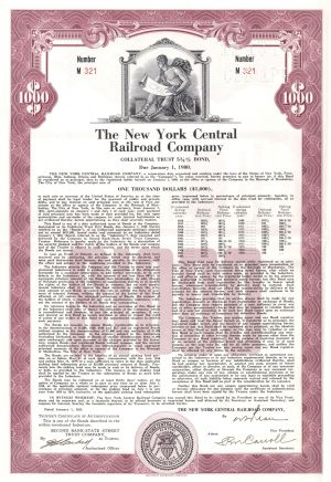 New York Central Railroad Co. - 1955 dated Railway Bond - Available in $1,000, $500 or $100 Bond Denominations