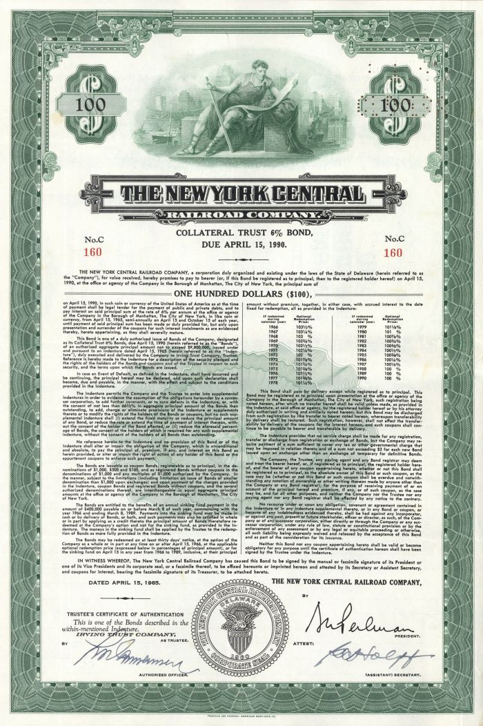 New York Central Railroad Co.  -  $100 Bond