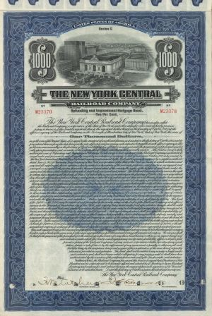 New York Central Railroad Co. - 1913-1921 dated Railway Mortgage Bond - Available in Blue, Green, Orange, Brown or Purple