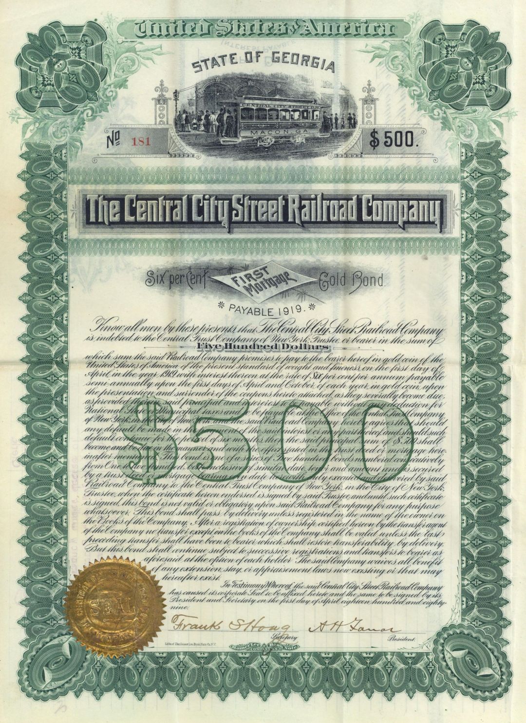 Central City Street Railroad Co. - 1889 dated $500 Uncanceled Macon, Georgia Gold Bond