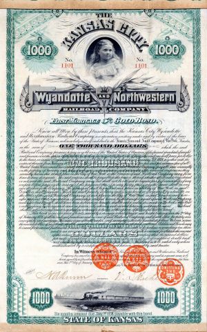 Kansas City Wyandotte and Northwestern Railroad Co. - 1888 dated $1,000 Railway Gold Bond