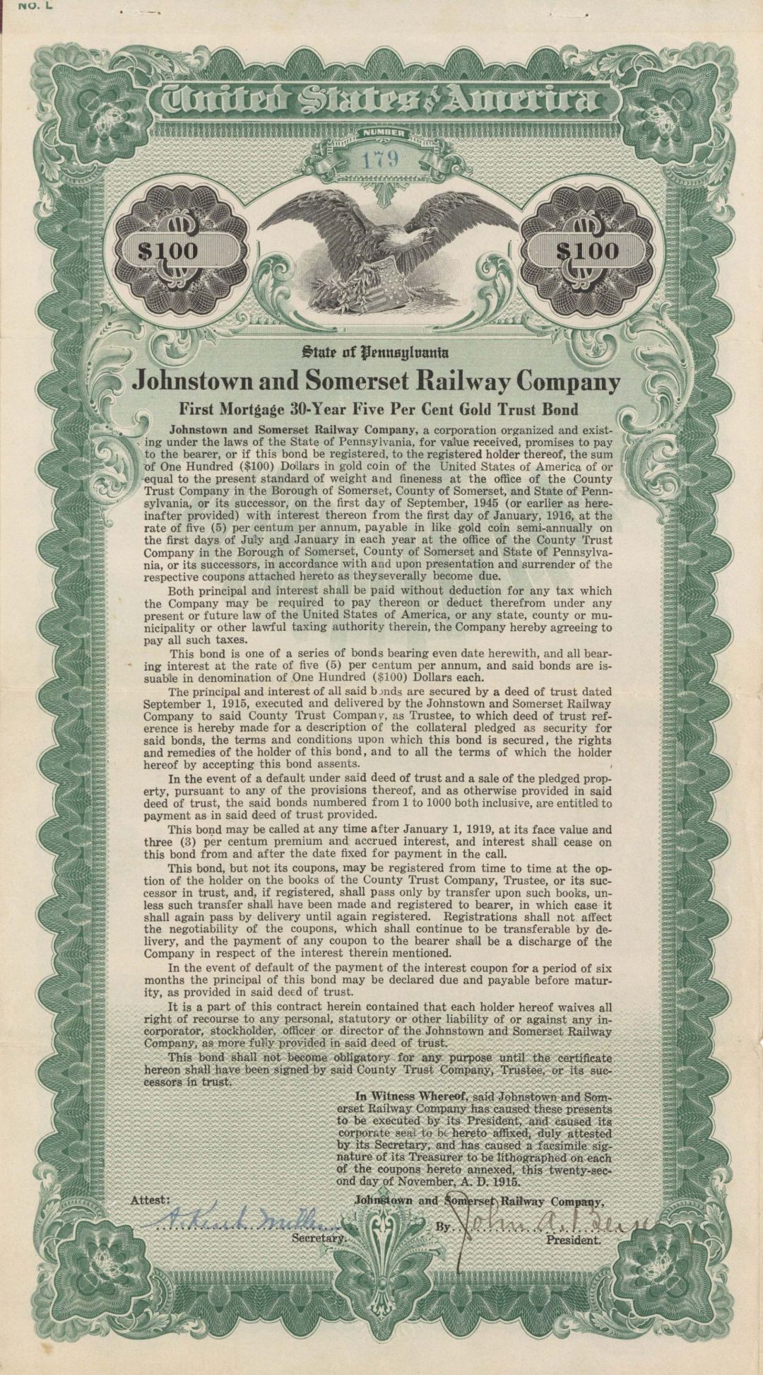 Johnstown and Somerset Railway Co. - 1915 dated $100 Railroad Gold Bond