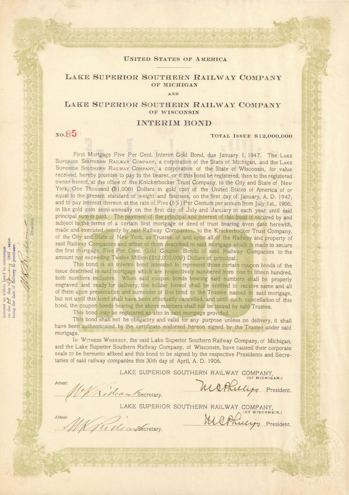 Lake Superior Southern Railway Co. of Michigan and Wisconsin - $1,000 Bond