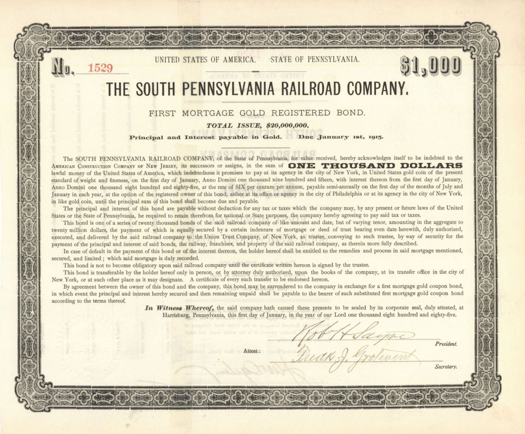 South Pennsylvania Railroad Co. - $1,000 Railway Gold Bond