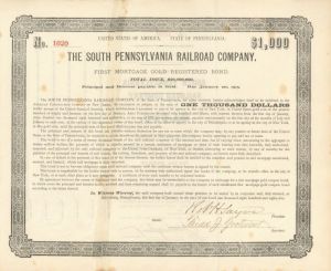 South Pennsylvania Railroad Co. - $1,000 Bond