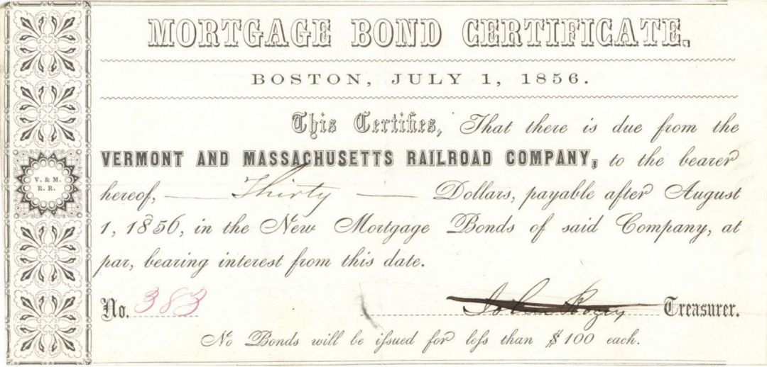 Vermont and Massachusetts Railroad Co. - Various Denominations Railway Bond