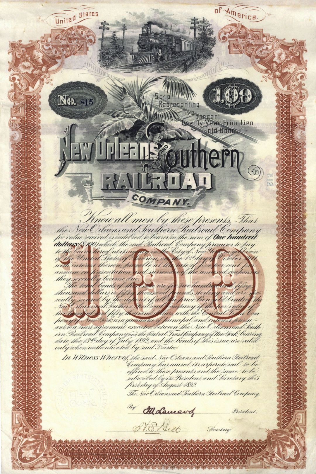 New Orleans and Southern Railroad Co. - $100 Uncanceled Railway Gold Bond