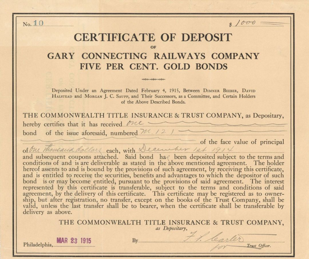 Gary Connecting Railways Co. -$1,000 Bond