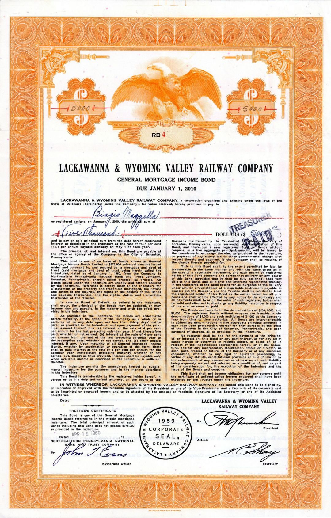 Lackawanna and Wyoming Valley Railway Co. - $5,000 Bond