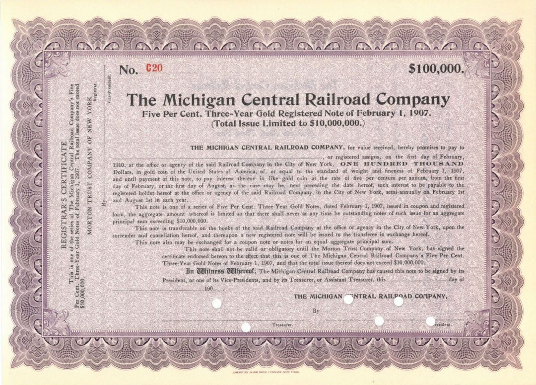 Michigan Central Railroad Co. - Various Denominations Bond