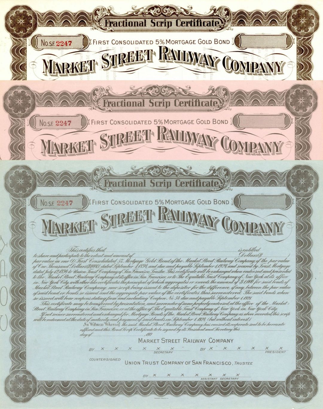 Market Street Railway Co. - Unissued Set of 3 California Railroad Bonds - Extremely Rare & Great History