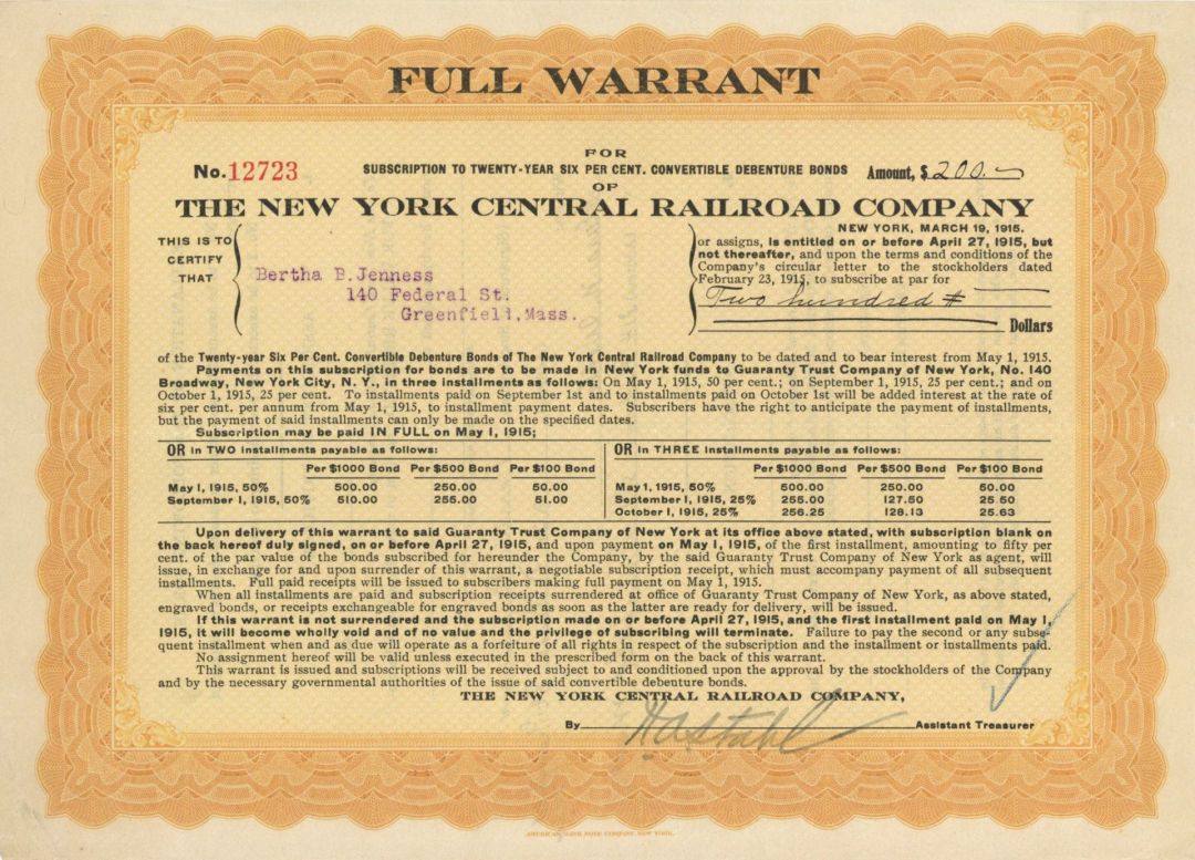 New York Central Railroad Co. - $200 Bond