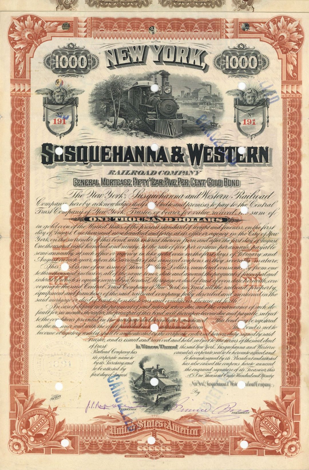 New York, Susquehanna and Western Railroad Co. - 1890 dated $1,000 Railway Gold Bond