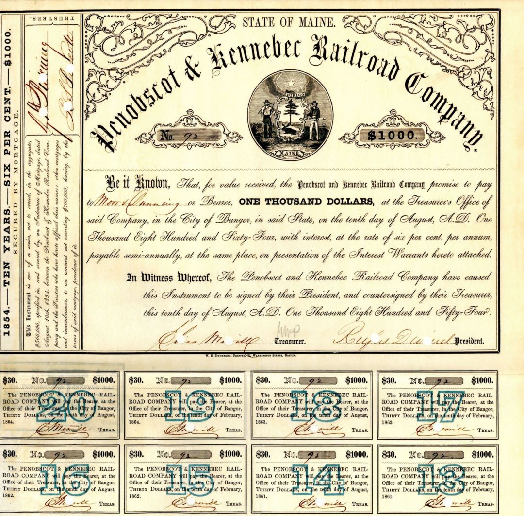Penobscot and Kennebec Railroad Co. - $1,000 Bond