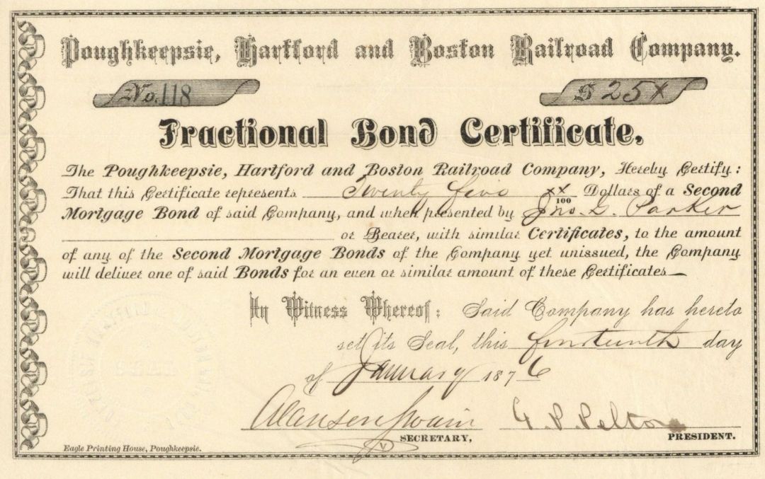 Poughkeepsie, Hartford and Boston Railroad Co. - $25 Bond