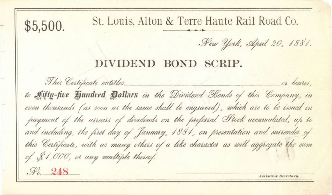 St. Louis, Alton and Terre Haute Rail Road Co. - $5,500 Bond