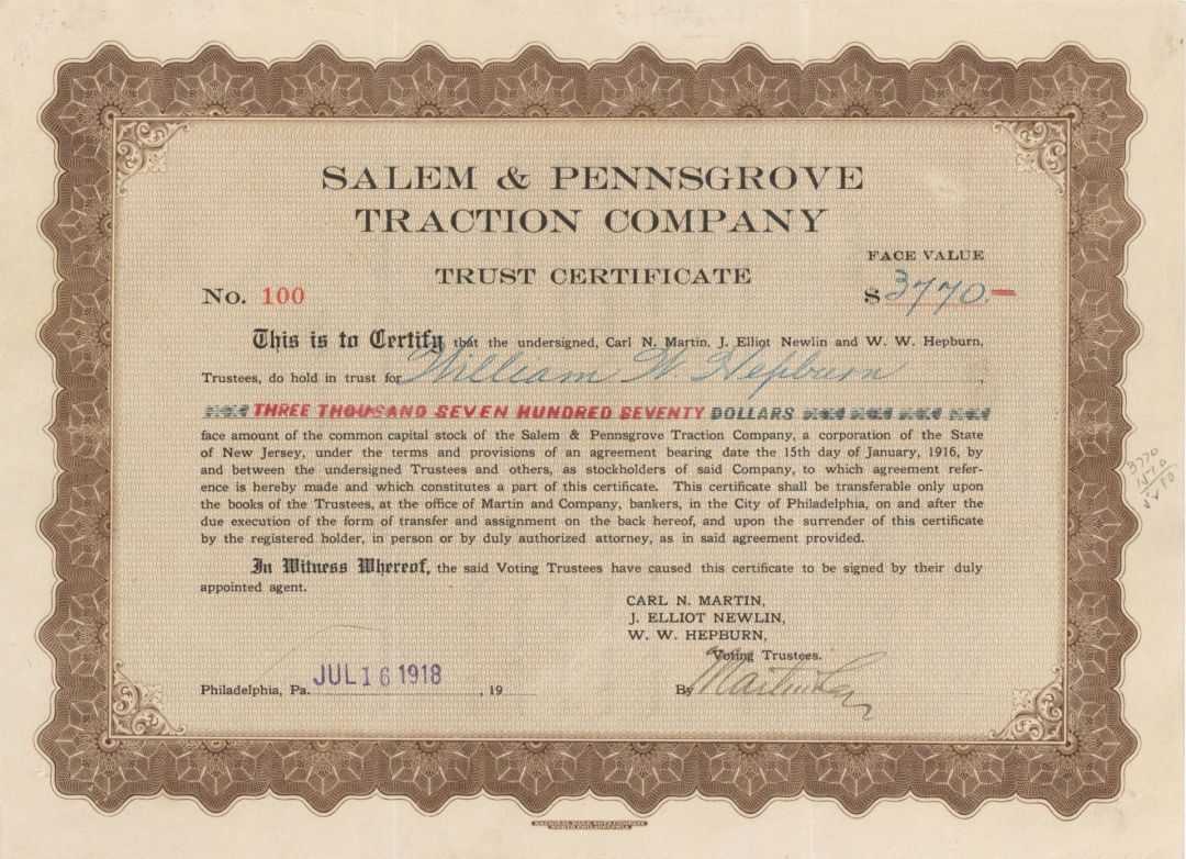 Salem and Pennsgrove Traction Co. - Various Denominations Bond