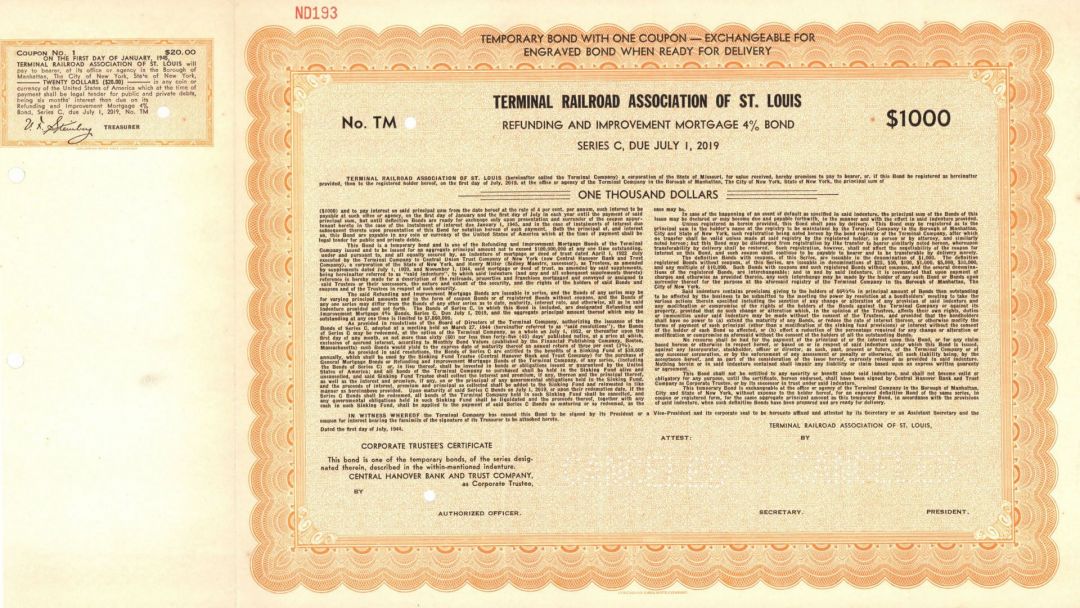 Terminal Railroad Association of St. Louis  - $1,000 or $25 Bond
