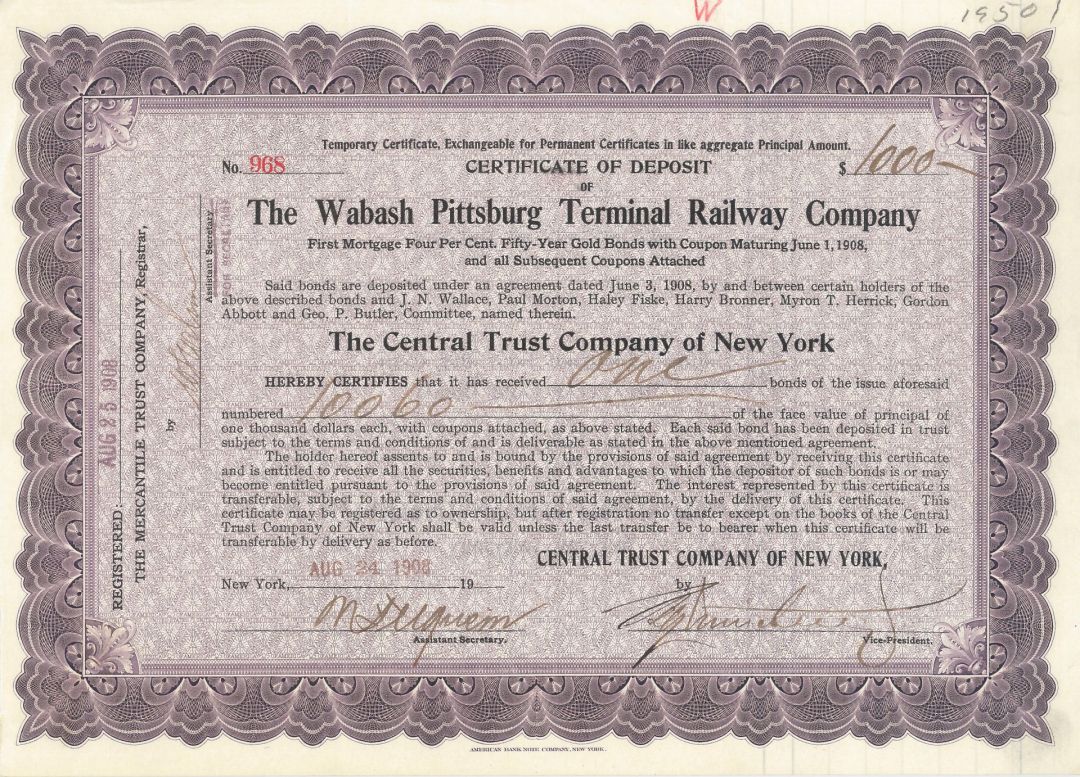 Wabash Pittsburgh Terminal Railway Co. - 1908 dated $1,000 Gold Certificate of Deposit