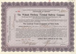 Wabash Pittsburgh Terminal Railway Co. - 1908 dated $1,000 Gold Certificate of Deposit