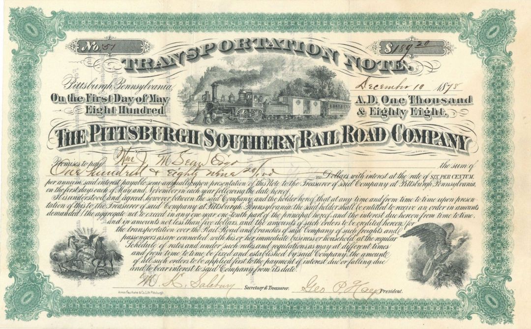 Pittsburgh Southern Rail Road Co. - $189.20 Railway Bond dated 1878