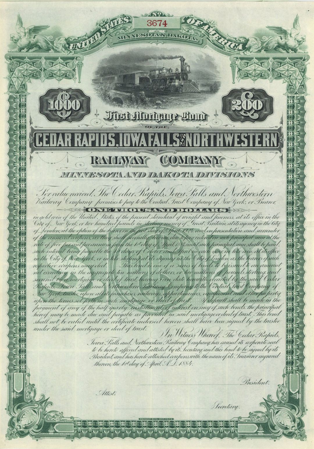 Cedar Rapids, Iowa Falls and Northwestern Railway Co. - 1884 dated $1,000/£200 British Pounds Bond