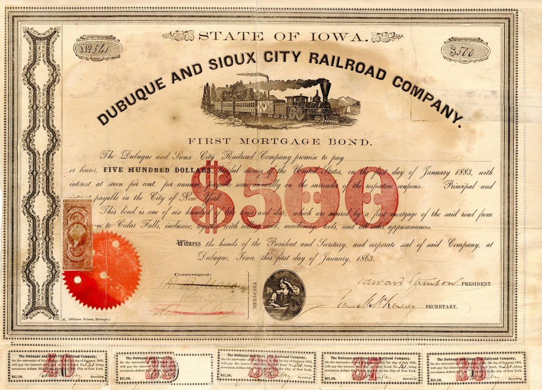 Dubuque and Sioux City Railroad Co. - 1863 dated $500 Iowa Railway Bond