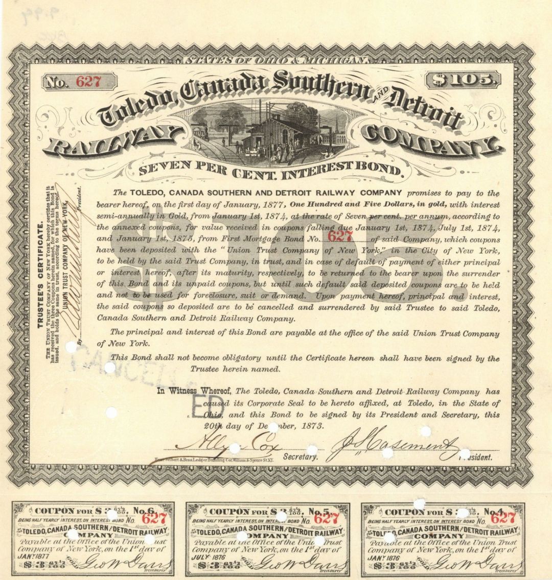 Toledo, Canada, Southern and Detroit Railway Co. - $105 Bond