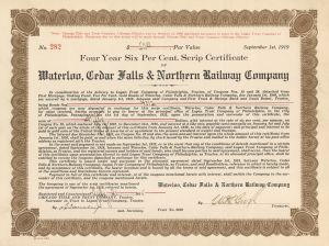 Waterloo, Cedar Falls and Northern Railway Co. - $50 Iowa Railroad Bond