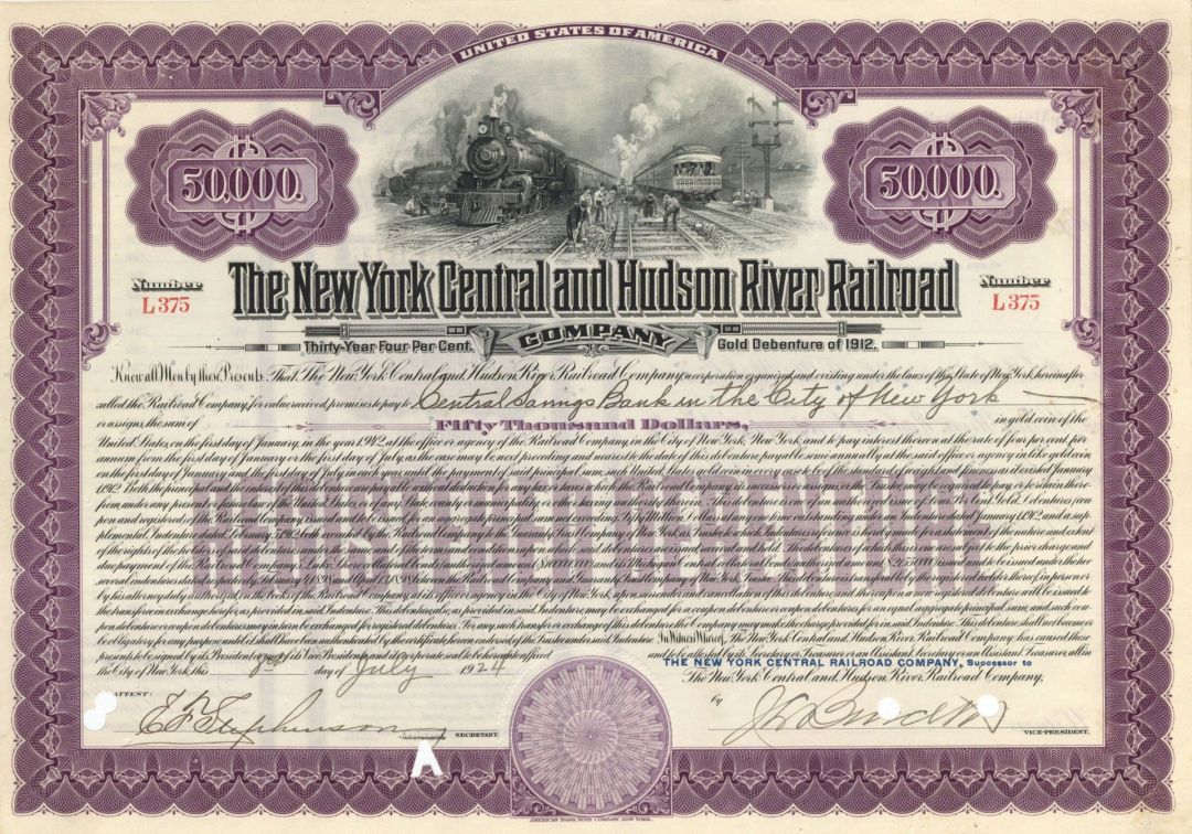 New York Central and Hudson River Railroad Co. - 1924 dated $50,000 Railway Bond