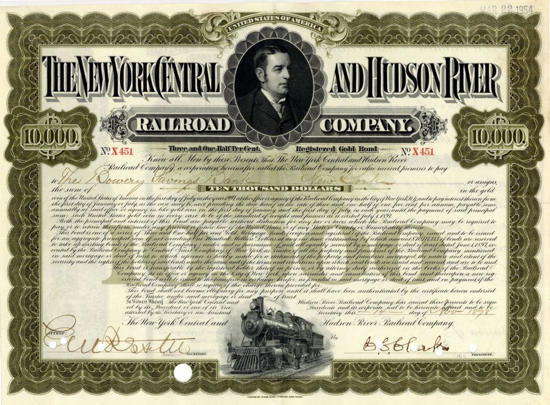 New York Central and Hudson River Railroad Co. - 1898 $10,000 Bond