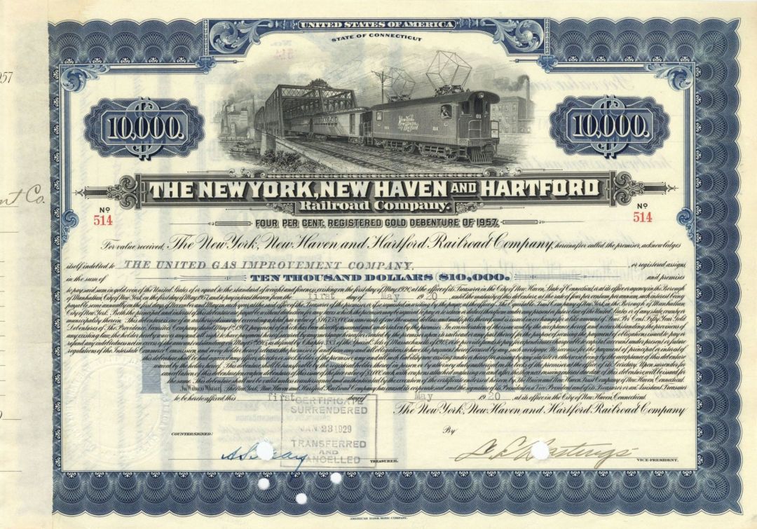 New York, New Haven and Hartford Railroad Co. - 1920's dated $10,000 Railway Bond