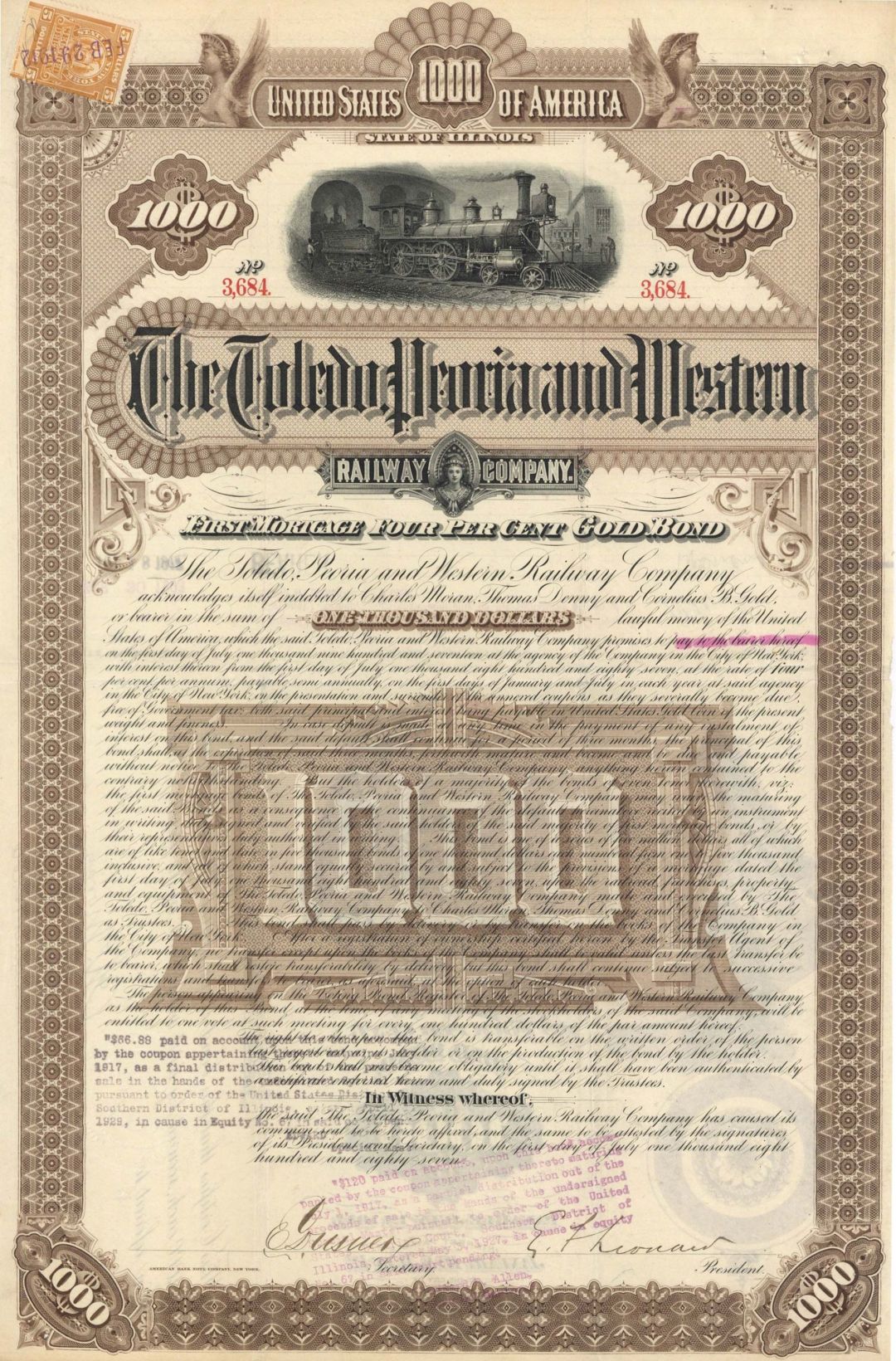 Toledo, Peoria and Western Railway Co. - 1887 dated $1,000 Railroad Gold Bond
