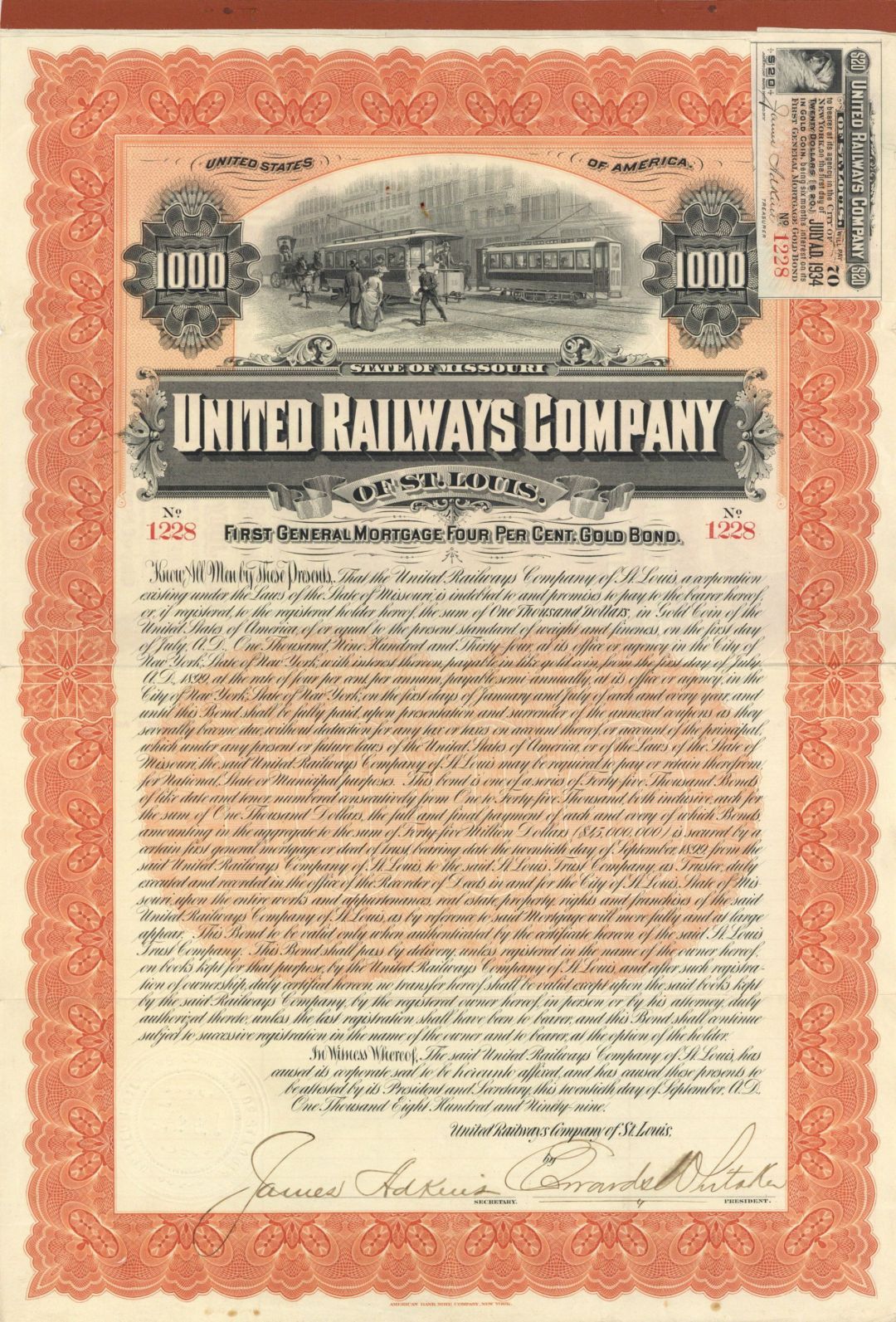 United Railways Co. of St. Louis - 1899 dated $1,000 Railroad Gold Bond
