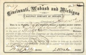 Cincinnati, Wabash & Michigan Railway Company of Indiana -  Railroad Indebted Certificate