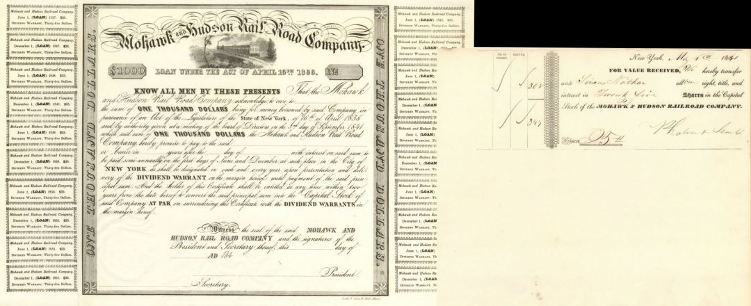 1840's dated PAIR of Mohawk and Hudson Rail Road Co. - Railway Transfer Receipt and Bond
