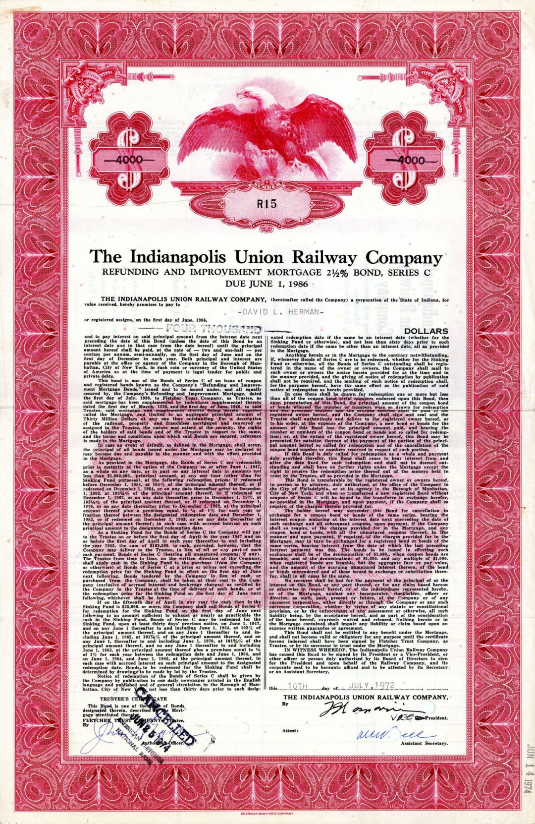 Indianapolis Union Railway Co. -  $4,000  Bond