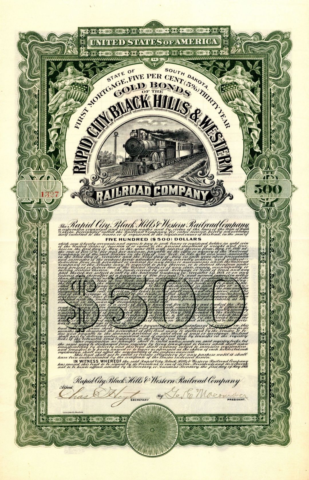 Rapid City, Black Hills and Western Railroad Co. -  1909 dated $500 Uncancelled South Dakota Railway Bond