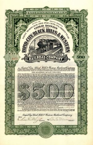 Rapid City, Black Hills and Western Railroad Co. -  1909 dated $500 Uncancelled South Dakota Railway Bond