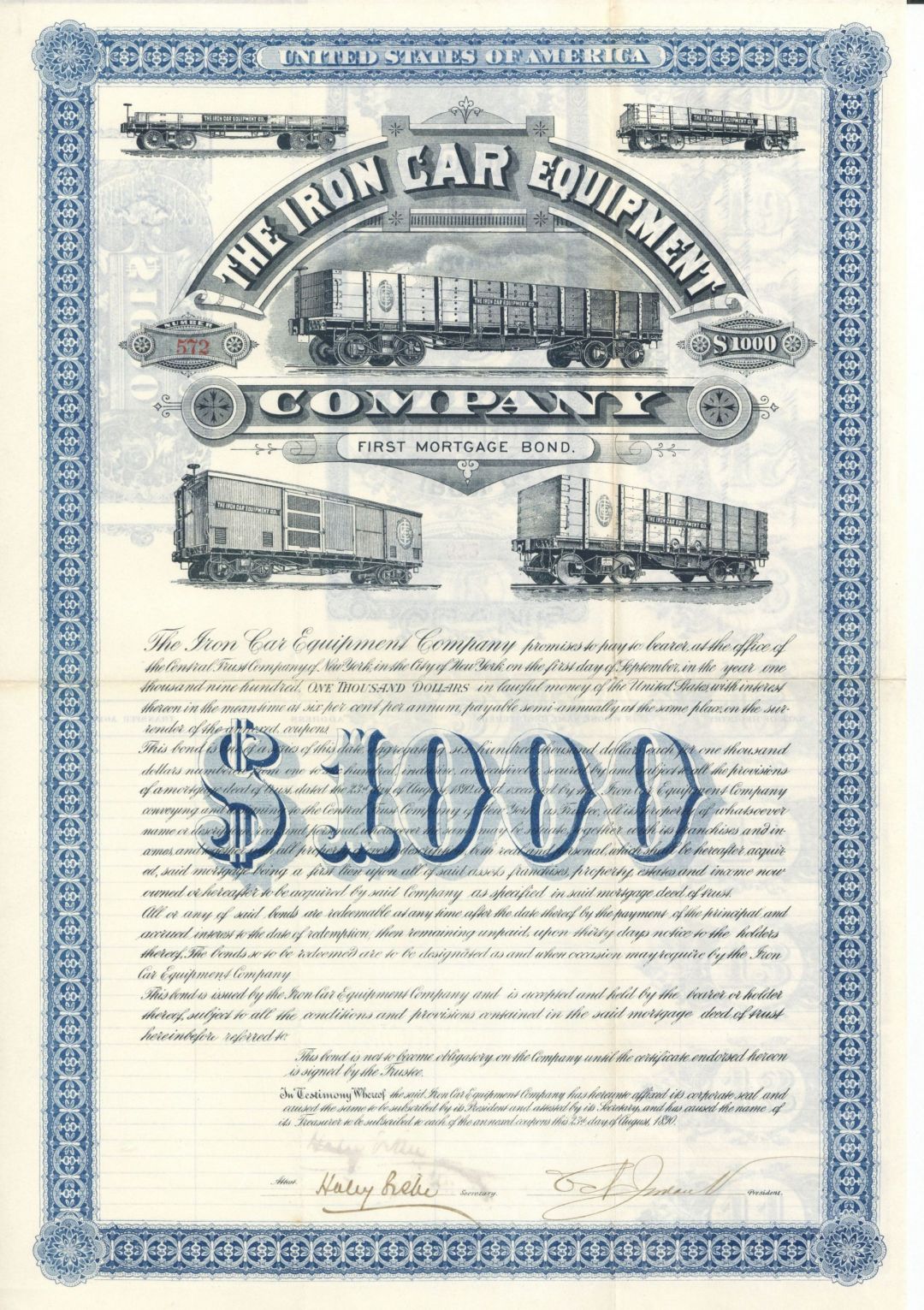 Iron Car Equipment Co. - 1890 dated $1,000 Railway Equipment Bond - Fantastic Railroad Piece