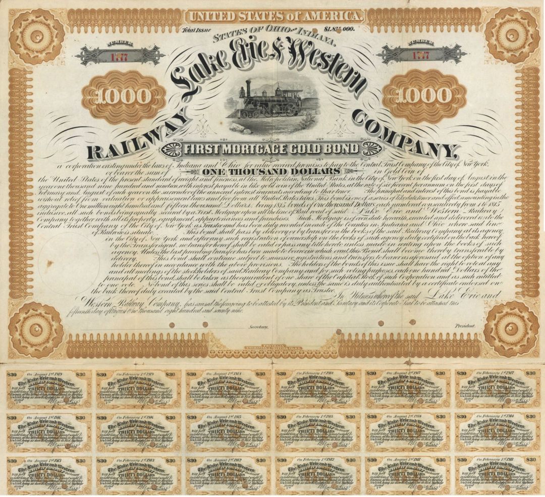 Lake Erie Western Railway Co. - $1,000 Bond