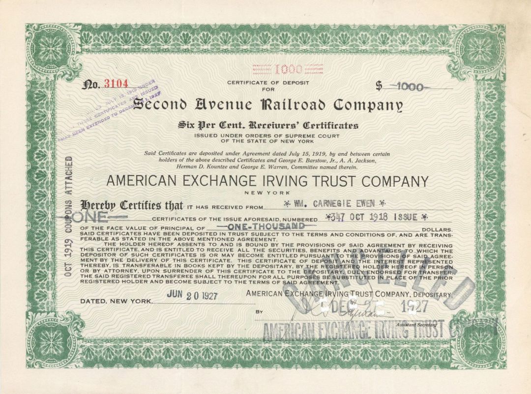 Second Avenue Railroad Co. - $1,000 Bond