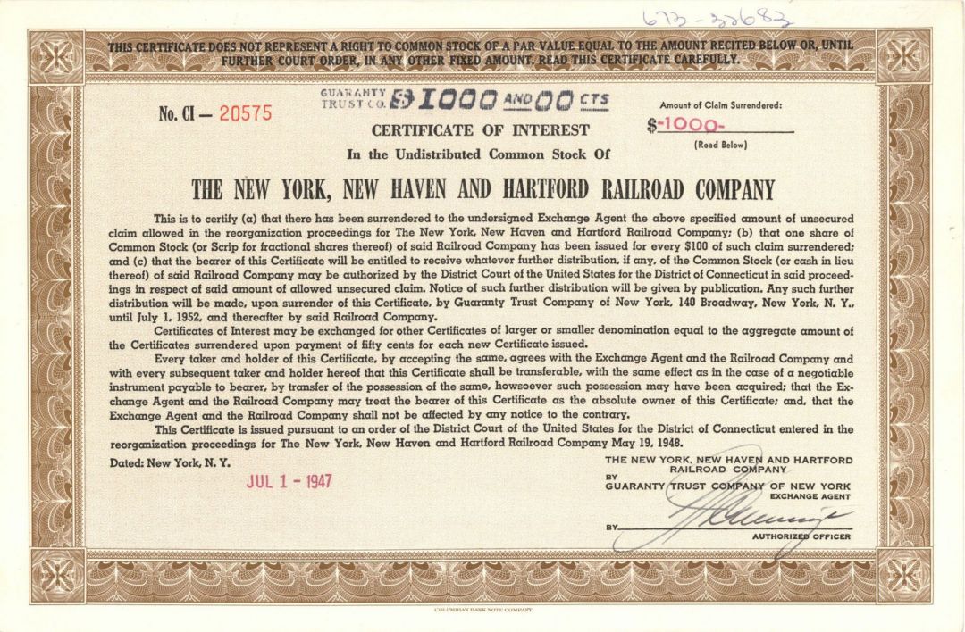 New York, New Haven and Hartford Railroad Co. - 1947-1957 $1,000 Bond/Stock