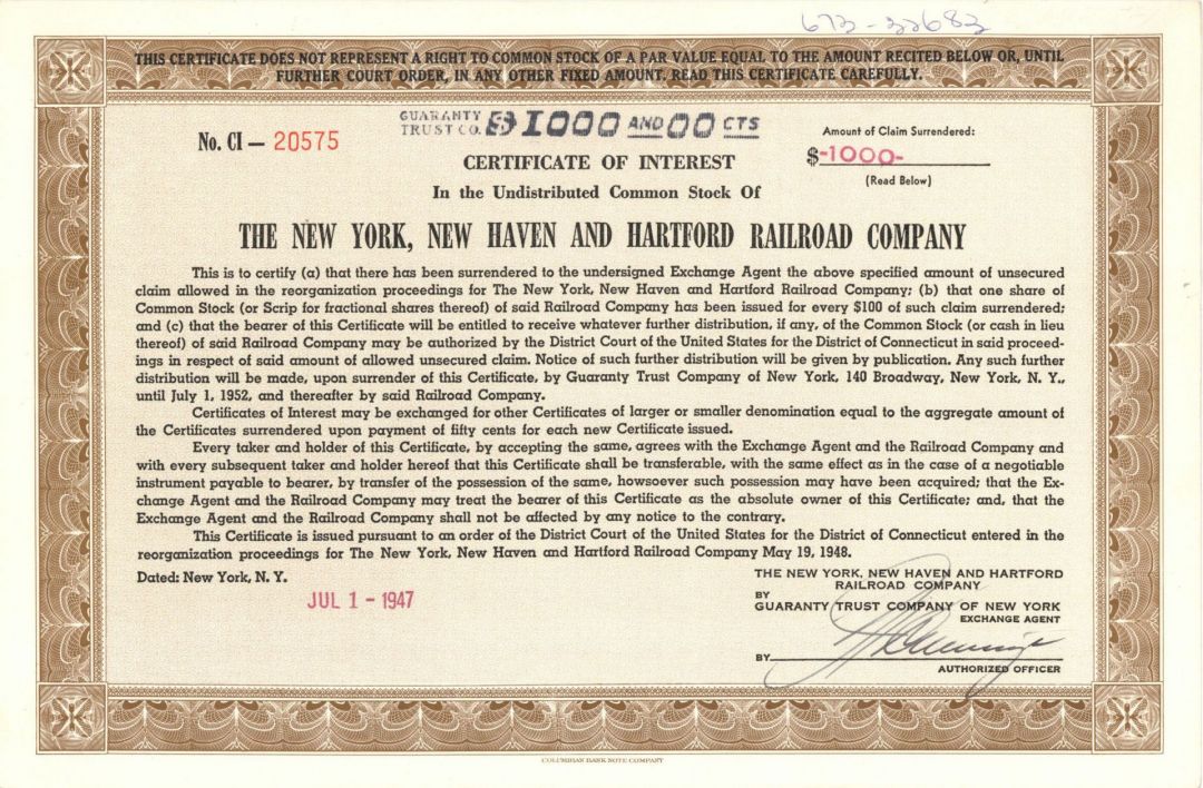 New York, New Haven and Hartford Railroad Co. - 1947-1957 $1,000 Common Stock - Interest Associated