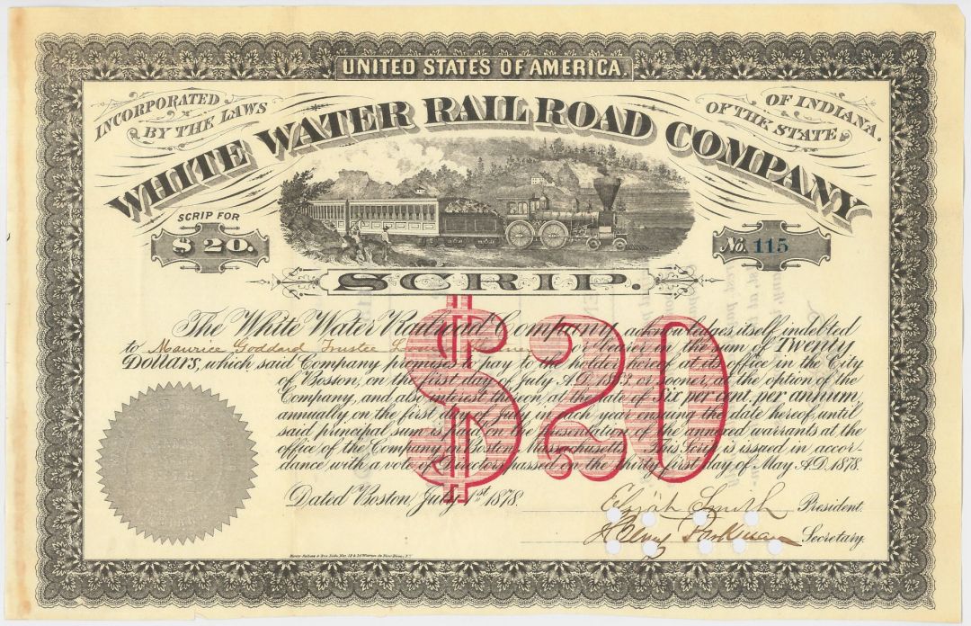 White Water Railroad Company - 1879 dated $20 Railway Bond Scrip - Extremely Rare as Fully Issued