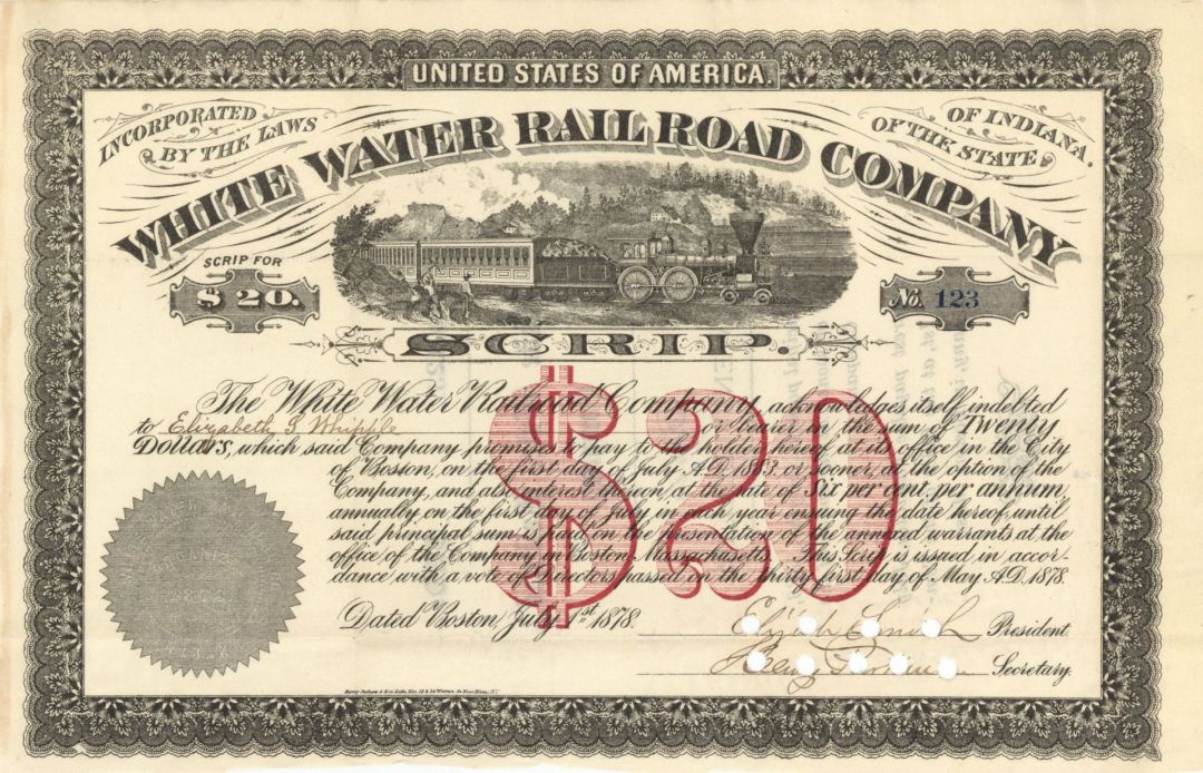 White Water Railroad Co. - 1879 $20 Railroad Bond