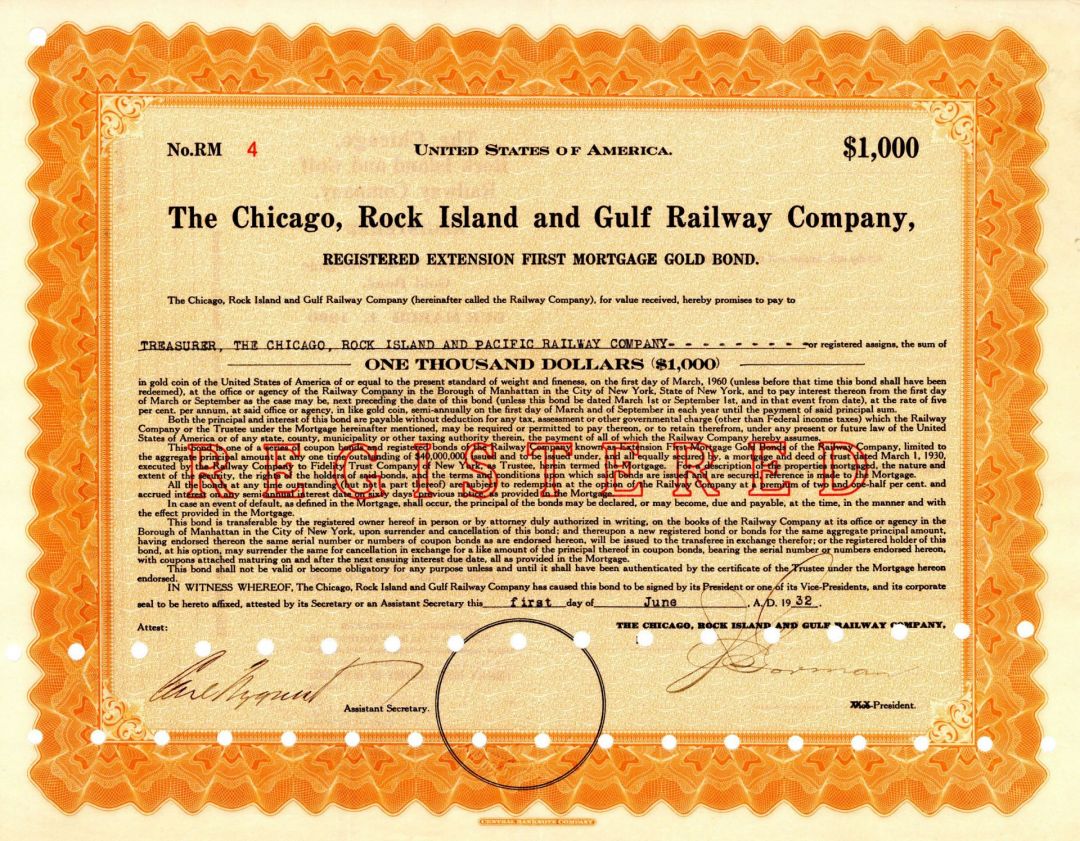 Chicago, Rock Island and Gulf Railway Co. - 1932 $1,000 Railroad Bond